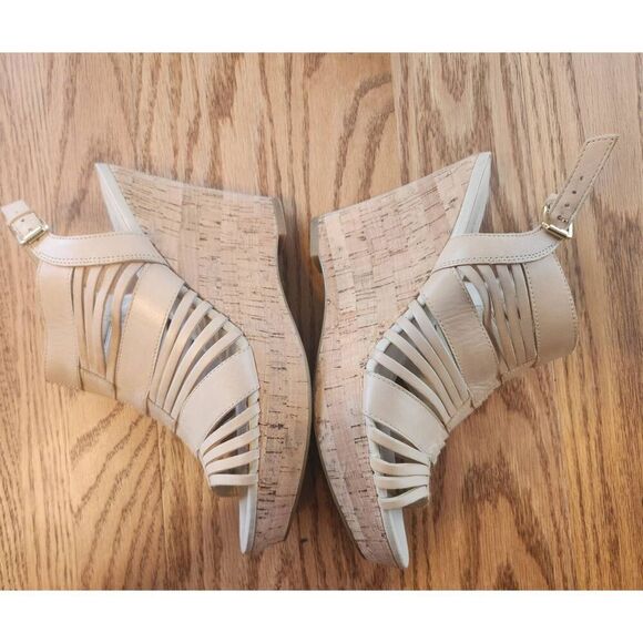Franco Sarto Leather nude cork wedge high heel sandals - Picture 6 of 13